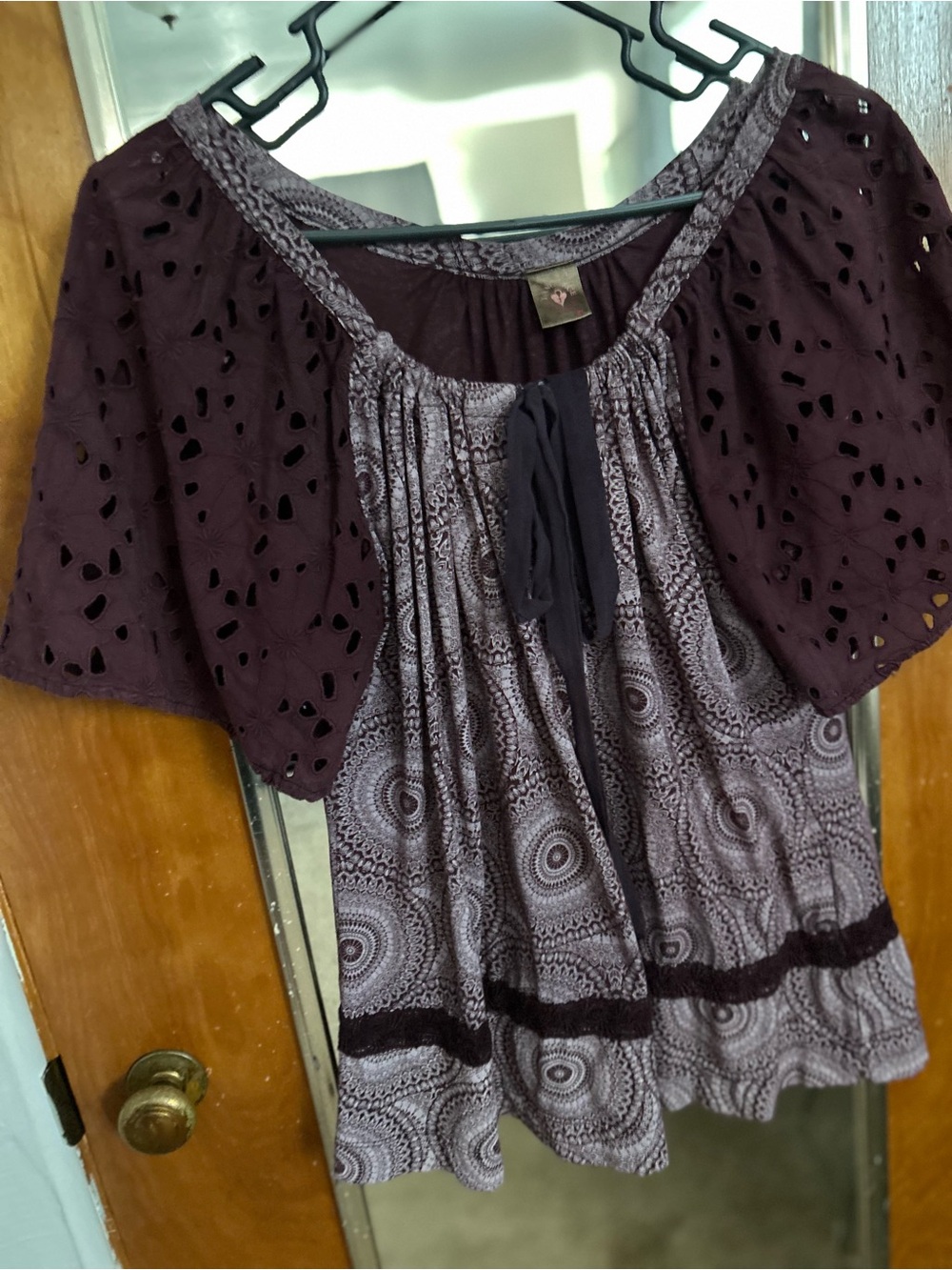 Women's Plum Eyelet Sleeve Peasant Blouse with Tie Neck